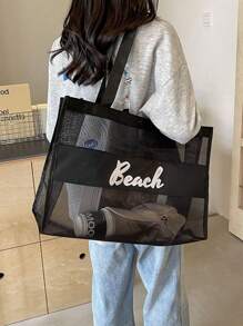 Bolso de playa de malla, bolso de playa con forma de corazón y letra, bolso de playa plegable a prueba de agua y arena, bolso de playa de malla para mujer con asa de hombro, decoración de letra para vacaciones de playa, almacenamiento y compras para adolescentes, mujeres y estudiantes universitarios, bolso de gran capacidad para mujeres
