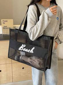 Bolso de playa de malla, bolso de playa con forma de corazón y letra, bolso de playa plegable a prueba de agua y arena, bolso de playa de malla para mujer con asa de hombro, decoración de letra para vacaciones de playa, almacenamiento y compras para adolescentes, mujeres y estudiantes universitarios, bolso de gran capacidad para mujeres