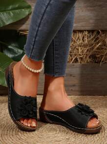 Women's Thick Bottom Wedge Platform Slide Sandals, Waterproof Anti-Slip Summer Flat Platform Floral Decor Open Toe Slippers - Black - View 4