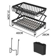 Dish Drainer Rack, Foldable 2 Tier Sink Drainer Rackwith Drip Tray, Large Capacity Dish Drainer Organizer Shelf With Utensil Holder, Cup Rack For Kitchen - Black - View 3