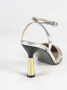 Sandalias de punta cerrada con diseño hueco y brillantes, zapatos de tacón alto y puntiagudos con efecto electrolizado estilo francés de alta gama para mujer, ideales para fiesta