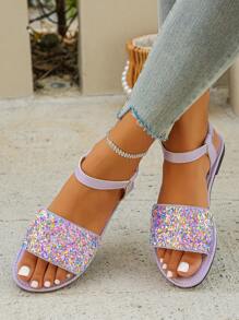 European & American Fashion Versatile Silver Color Rhinestone Decorated Strap Ankle Strap Women Flat Sandals, Casual Slip-On Comfortable Lightweight Summer