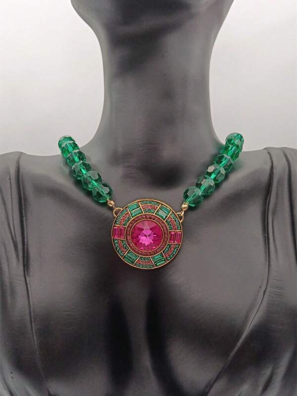 Vintage Palace-Style Rhinestone Inlaid Round Green Crystal Necklace & Earrings, Suitable For Women's Daily Wear