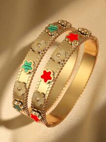 1pc Fashionable Floral Stainless Steel Golden Plated Bracelet, Water-Resistant Ladies Bangle