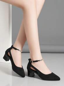 Fall/Winter 2025 High Heel Pumps Thick Heel Low Vamp Strap Rhinestone, Elegant - Black - View 4