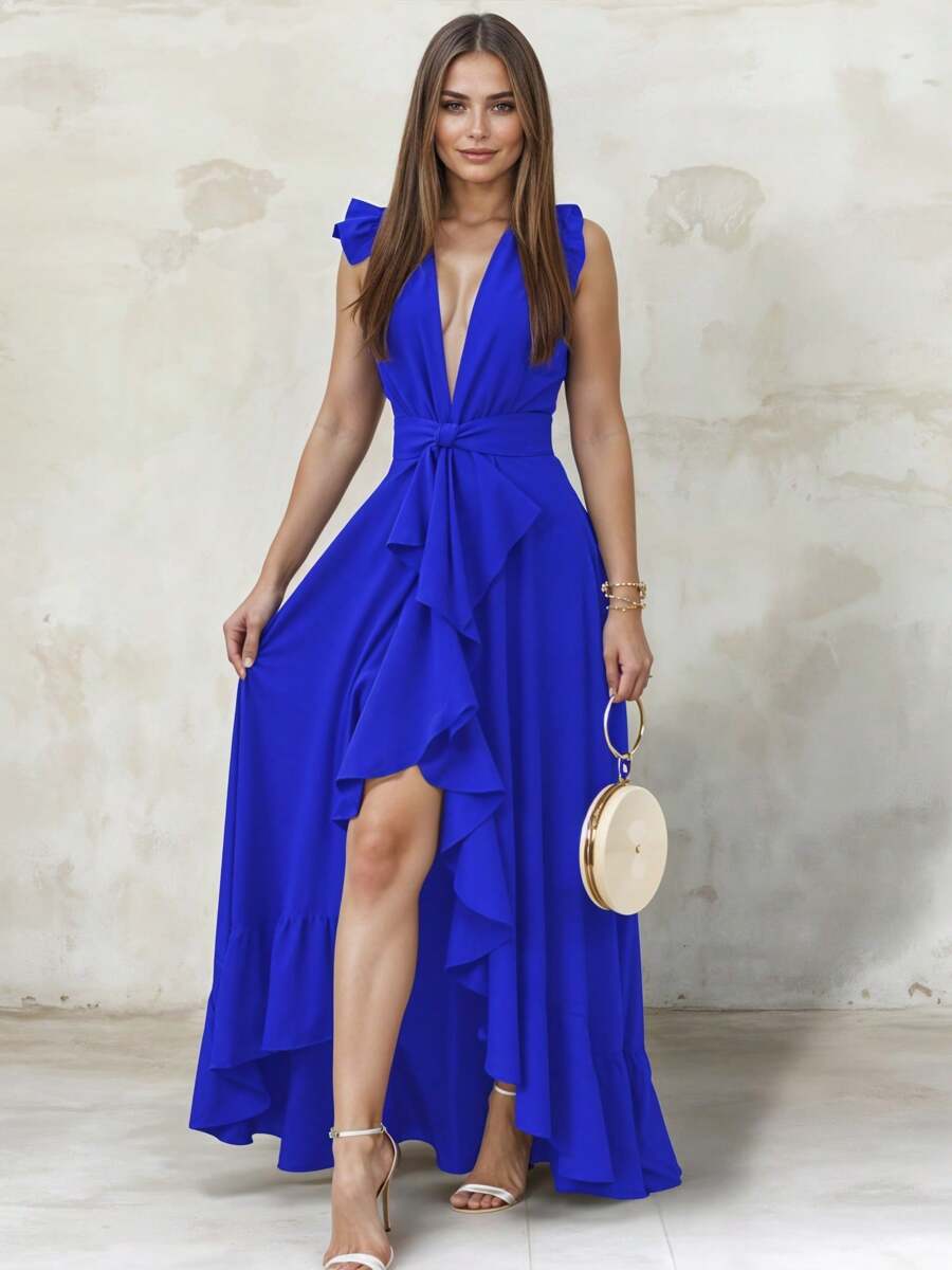 Women's Elegant Off Shoulder Deep V Neck Ruffle Leg Slit Maxi Dress - Blue - View 1