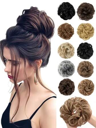 凌乱发髻假发，凌乱假发发片，弹力头带，卷发发髻凌乱发束 5 英寸波浪卷曲合成纤维适合日常佩戴