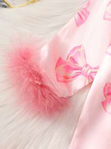 Baby Girls Rompers, Long Sleeve Bow Print Furry Patchwork Button Closure Jumpsuit - Pink - View 5