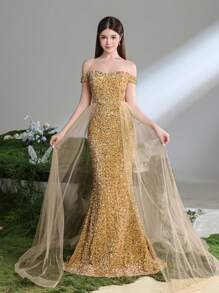 Rochie de seară luxoasă, model sirenă, cu paiete, decoltată, pentru adolescente, cu trenă lejeră din tul – Rochie formală