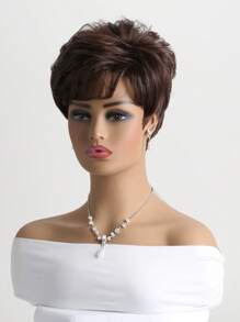 女士时尚蓬松自然超短发深棕色 10 英寸合成纤维短卷发假发带侧刘海适合日常佩戴婚礼生日节日服装派对 - 棕色 - 查看 5