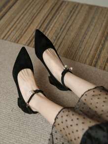 Black Dress Pearls Mid Heel Pumps For Women, French Style Elegant Formal Shoes Suitable For Skirts, Spring