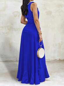 Women's Elegant Off Shoulder Deep V Neck Ruffle Leg Slit Maxi Dress - Blue - View 4