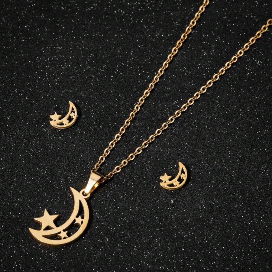 3 Pieces/Set Stainless Steel Exquisite Moon Star Earrings Necklace, Women Set Asymmetrical Star Moon Bride Engagement Earrings Wedding Gift - C-tZ111 - View 1