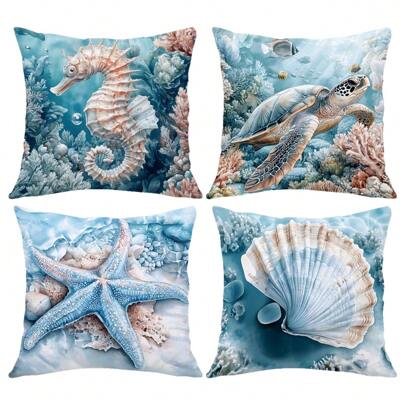 4 pièces/set 45*45cm/50*50cm/40*40cm Housse de coussin en polyester avec illustration du monde marin (hippocampe, tortue, étoile de mer, coquillage) [Impression simple face][Insert de coussin non inclus], Décorations pour la maison, coussins pour canapé, lit, voiture, convient pour un usage quotidien ou une décoration minimaliste haut de gamme, salon, chambre, tête de lit