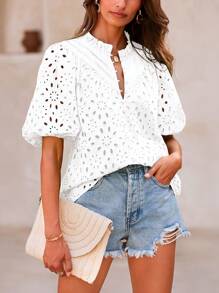 Women's Summer Top Fashion Casual Lantern Short Sleeve V-Neck Button Hollow-Out Lace Embroidery Shirt - Màu be - Xem 1