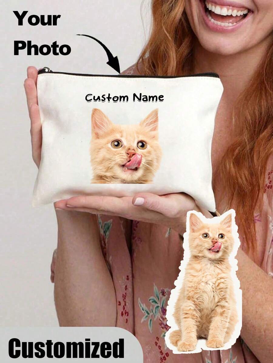 1pc Custom Cat Photo Makeup Bags, Cute Cat Themed Gifts, Small Pet Lover Travel Cosmetic Bag, Zipper Pouch For Teens Daughter Sister, Funny Pet Stuff Birthday Christmas Decorations Makeup Organizer Makeup Storage Bag Mini Pouch Travel Small Makeup Case Accessories Make Up Holder Brush Bag Make Up Container Cosmetic Bag Travel Essentials Ladies Accessories