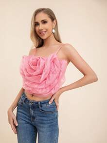 Parte superior de tirantes de espagueti con decoración floral - Rosa Fucsia - Ver 5