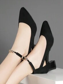 Fall/Winter 2025 High Heel Pumps Thick Heel Low Vamp Strap Rhinestone, Elegant - Black - View 2