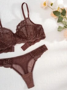 1 Set Women Solid Color Lace Comfortable Underwear Lingerie Bra And Panty Set