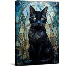 Black Cat Portrait In Stained Glass Style. Large Wooden Framed Wall Art Artist Home Decoration Oil Painting - Bedroom, Bathroom, Living Room, Office, Kitchen, Christmas Gifts - 1 Piece
