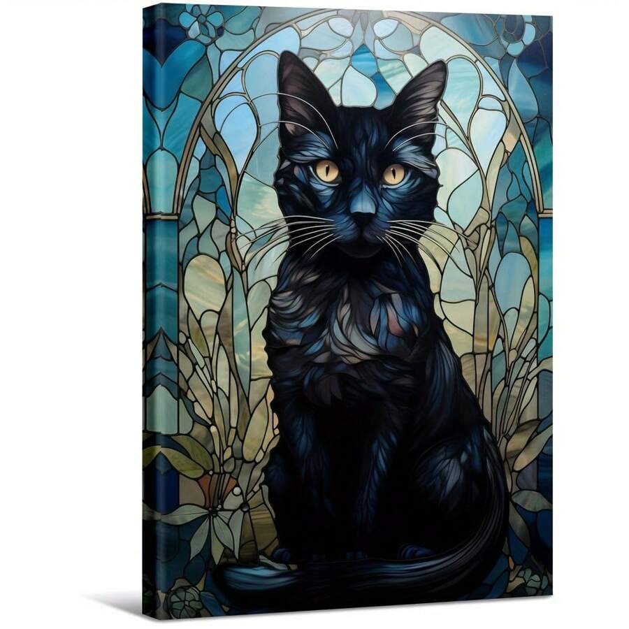 Black Cat Portrait In Stained Glass Style. Large Wooden Framed Wall Art Artist Home Decoration Oil Painting - Bedroom, Bathroom, Living Room, Office, Kitchen, Christmas Gifts - 1 Piece