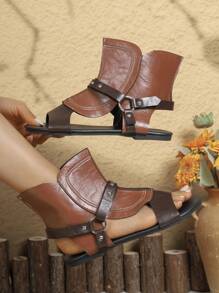 Women's Fashion-Forward Studded And Zipper Detail Open Toe Flat Sandals, Bohemian-Punk Style Suitable For Fashionable Women's Casual And Festive Occasions In Summer, Brown Synthetic Leather Women Sandals