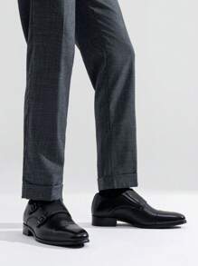 SHOESMALL Men's Dress Loafers Leather Double Monk Strap Oxford Slip On Cap Toe Dress Black Shoes For Men - AMY9028-黑色 - 查看 2