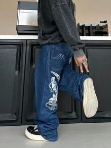 1 条 Y2K 嘻哈街头风格宽松骷髅图案男式牛仔裤 - 藍色 - 查看 6