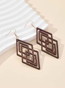 1 Pair Women's Hollow Geometric Wooden Earrings, Simple Casual Vintage Style - Coffee Brown - View 1