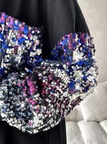 ChicMe Chaqueta de manga larga con bloqueo de color, parches de lentejuelas, cierre con botones y dobladillo con flecos - Azul - Ver 9