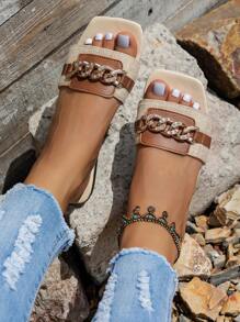 Women's Flat Square Toe Sandals, Chain & Rhinestone Decor, Lightweight & Comfortable, Mix-And-Match , Slip-On Casual, Suitable For Home, Spring/Summer Outdoor, Leisure Country Style, Street Fashion Beach Slippers - Beige - View 4