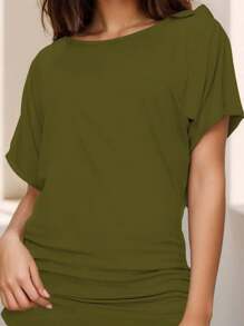KAHULE Women's  Boat Neck Dolman Top With Side Shirring  Solid Short Sleeve Casual Loose Fit T-Shirt