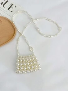 1 件迷你手工串珠珍珠斜挎包，时尚口红编织包，适合女孩 - 均碼 - 查看 3