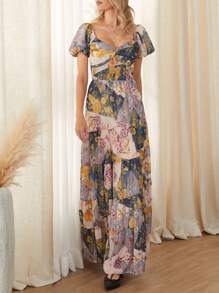 Women's Summer Casual Long Dress Flower Print Long Dress Short Puff Sleeve Sweetheart Neck Tunic Waist A-Line Dress - Màu vàng - Xem 5