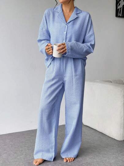 Nina Bonheur Women Gestreepte Button Front Long Sleeve Pajama Set Drawstring Pants, Schattige Sleepwear Homewear, Cozy Outfit, Fall Clothes