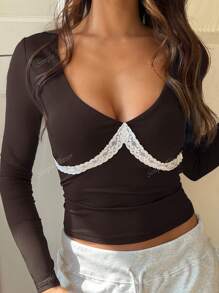 Women's Y2K Sexy Slim-Fit Lace Trim Deep U-Neck Long Sleeve Top
