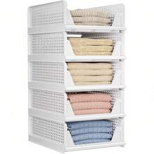 5 Pack Folding Closet Organizers Storage Box, Stackable Storage Bins, Plastic Drawer Basket Closet Storage For Wardrobe Cupboard Kitchen Bathroom Office White-5L