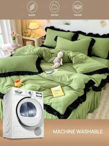 1 套绿色荷叶边床上用品套装 3 件套,柔软舒适,适合卧室、客房 - 綠色 - 查看 6