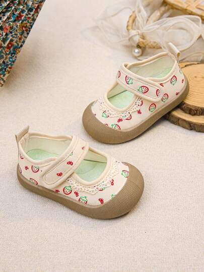 1 par de tênis de lona para bebês/crianças pequenas, antiderrapantes, sapatos baixos unissex, mocassins casuais para uniforme escolar para meninos/meninas, sapatos formais, sola de borracha macia, primeiros sapatos de caminhada para bebês/crianças, fecho de , bico redondo com amortecedor, laço de morango, estilo fofo, floral, Mori Girl, primavera/outono, palmilha acolchoada para conforto, adequada para uso diário, caminhada, corrida, brincadeira, praia, escola, esportes