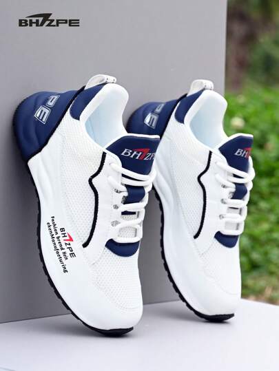 BHZPE Men's Breathable Mesh Casual Sports Shoes, Comfortable Patchwork Anti-Slip Lace-Up Shock Absorbing Running Shoes, Suitable For Outdoor Activities