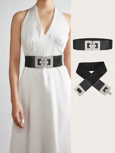 1pc Women's Square Buckle Rhinestone Elastic Waist Belt Suitable For Dresses, Daily Wear & Party Summer, School Fall, Autumn, Halloween