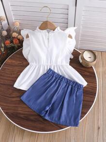 2pcs/Set Girls Fashion Elegant Ruffle Sleeve Round Neck Top And Floral Decorated Denim Effect Shorts Vacation Summer Set