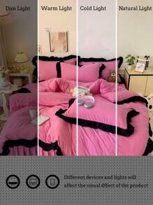 3件套桃红色荷叶边柔软舒适羽绒被套，适合卧室、客房，四季皆宜 - 玫紅色 - 查看 6