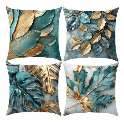 MEMNUN 4 fundas de almohada con estampado 2D, 45*45cm/50*50cm/40*40cm, estampado de hojas doradas y plumas azules en poliéster [impresión unilateral] [sin relleno de almohada incluido], fundas de cojín decorativas para el hogar, sofá, dormitorio, coche, adecuadas para uso diario o decoración minimalista de alta gama