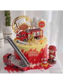 1pc Firefighter Cake Decoration Ornament Fire Extinguisher Water Gun Fire Truck Aerial Rescue Vehicle Baking Birthday Ornament Cake Decoration Inserts