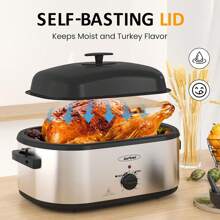 Sunvivi Electric Roaster Oven, Roaster With Removable 3-Bin Buffet Server, 24 QT Turkey Roaster Oven With 150-450°F Full-Range Temperature Control, Removable Pan & Rack, Stainless Steel, Silver - US A Type Plug(110-127V) - View 6