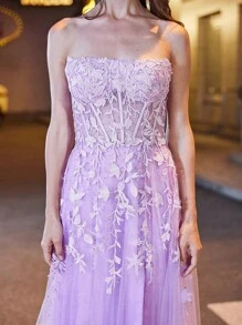 女式植物装饰高开衩网眼抹胸晚礼服、正式礼服、派对礼服、长袍，适合婚礼宾客 - 淡紫色 - 查看 6