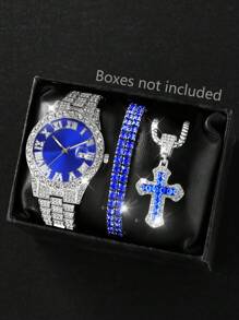 3Pcs Set: Quartz Watch With Silver Case & Rhinestone Bezel, Blue Dial & Band; Matching Blue Rhinestone Bracelet & Necklace Jewelry Set, Party/Teen Gift For Her - Blue - View 1
