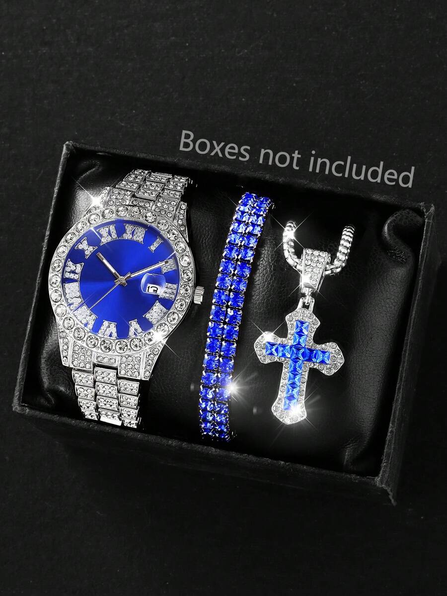 3Pcs Set: Quartz Watch With Silver Case & Rhinestone Bezel, Blue Dial & Band; Matching Blue Rhinestone Bracelet & Necklace Jewelry Set, Party/Teen Gift For Her - Blue - View 1