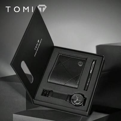  TOMI Men's Quartz Watch Set, Hollow Design See-Through Dial Casual Minimalist Watch, Includes Wallet And Pen Case, Holiday Gift For Family And Loved Ones, Christmas,